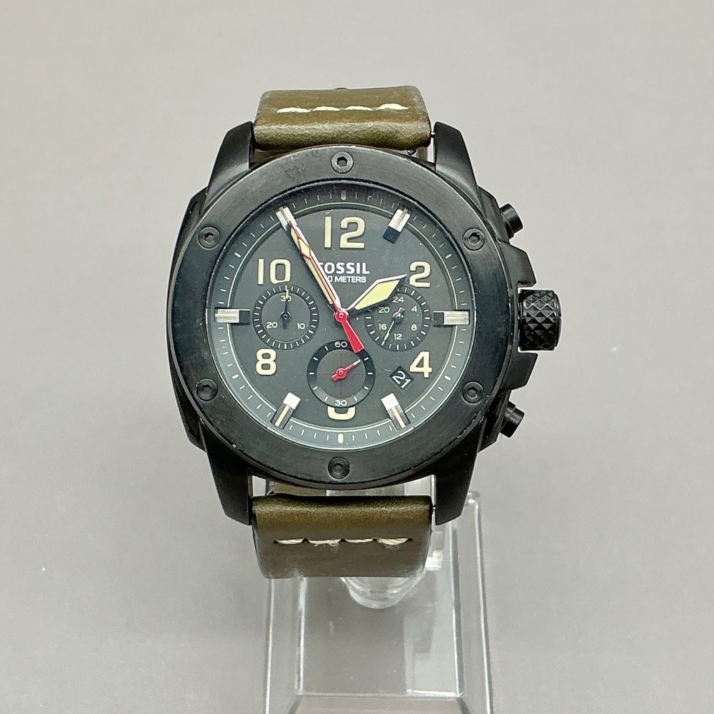 Fossil Watch Men Machine FS5000 Chronograph Black Green Leather 40mm NEW BATTERY